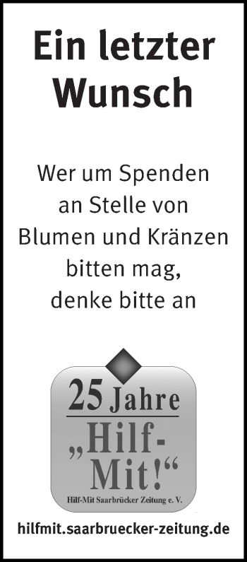 Traueranzeige von Hilf-Mit Saarbrücker Zeitung  von saarbruecker_zeitung