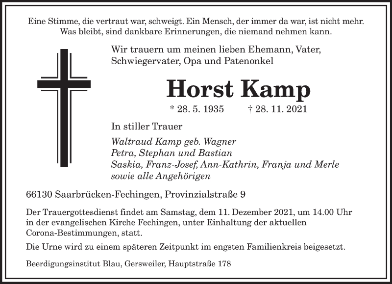  Traueranzeige für Horst Kamp vom 04.12.2021 aus saarbruecker_zeitung