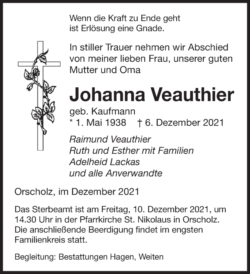  Traueranzeige für Johanna Veauthier vom 08.12.2021 aus saarbruecker_zeitung