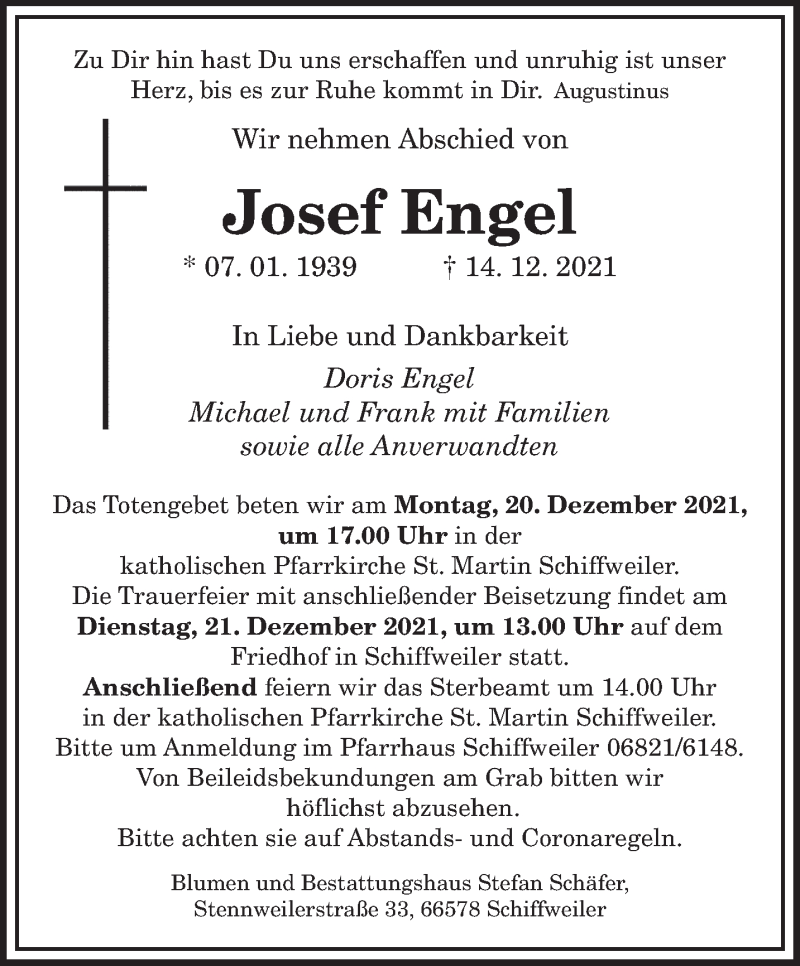  Traueranzeige für Josef Engel vom 18.12.2021 aus saarbruecker_zeitung