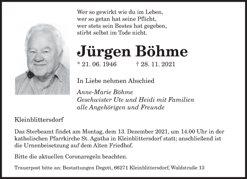  Traueranzeige für Jürgen Böhme vom 04.12.2021 aus saarbruecker_zeitung