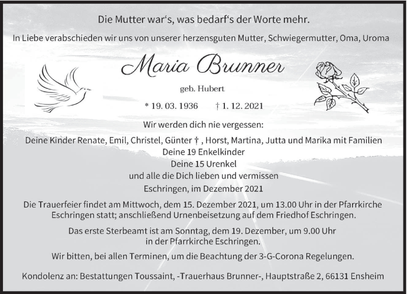  Traueranzeige für Maria Brunner vom 08.12.2021 aus saarbruecker_zeitung