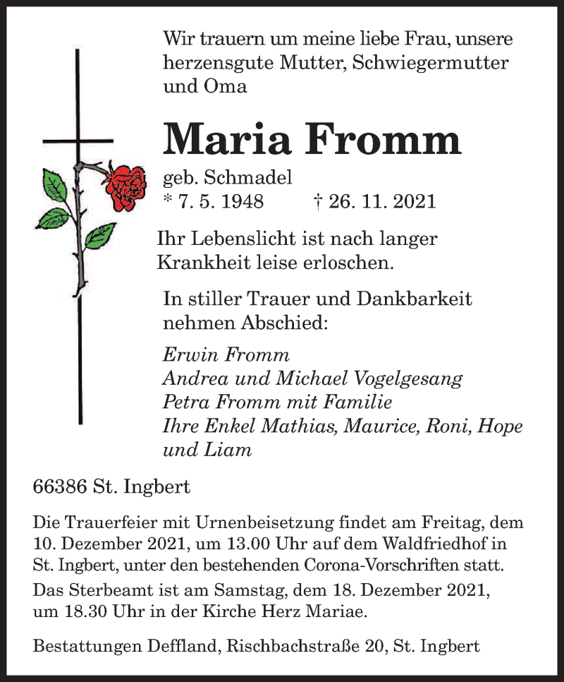  Traueranzeige für Maria Fromm vom 04.12.2021 aus saarbruecker_zeitung