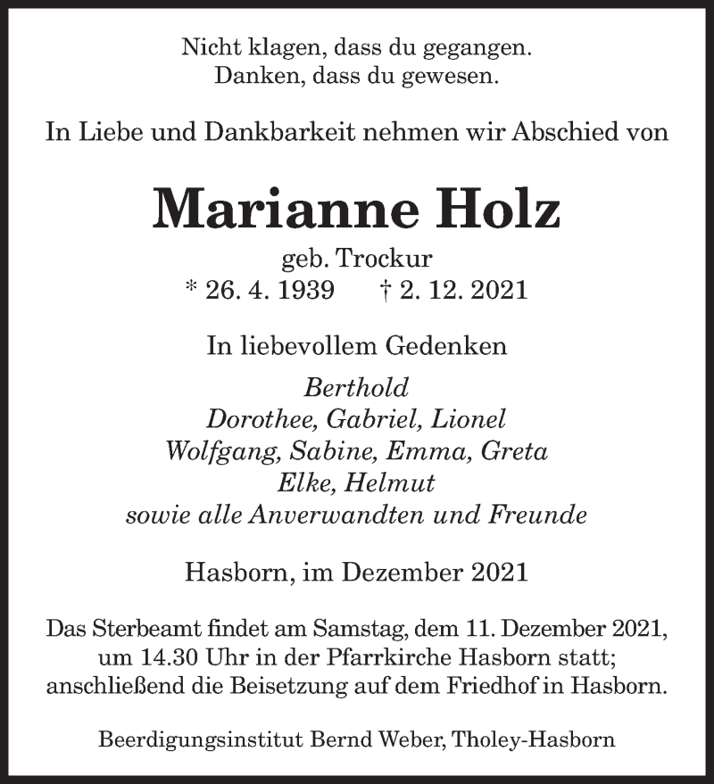 Traueranzeigen von Marianne Holz | Saarbruecker-Zeitung.Trauer.de