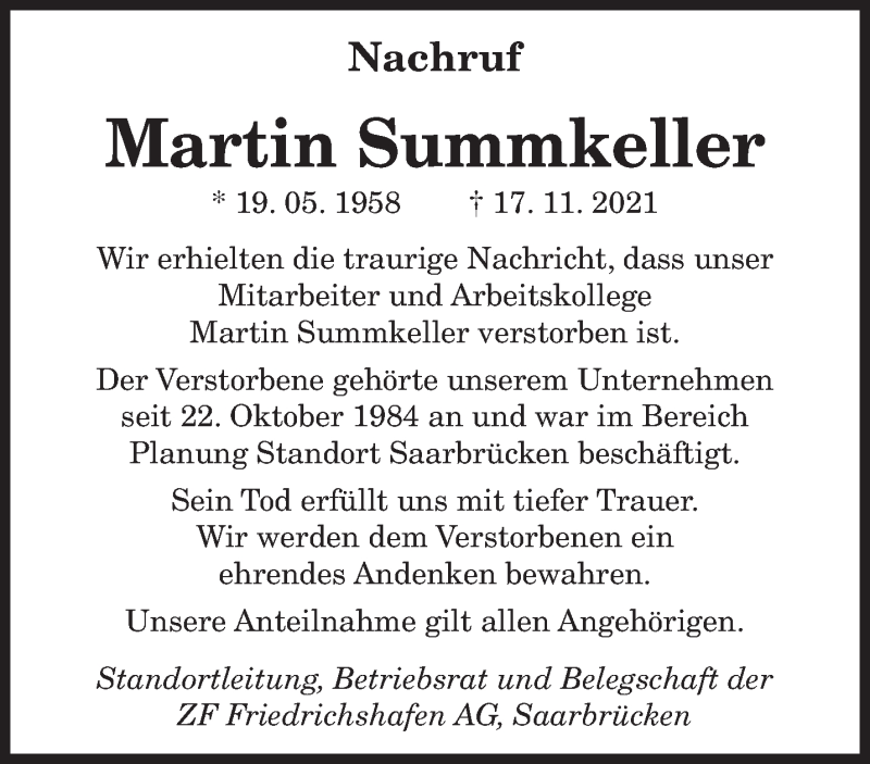  Traueranzeige für Martin Summkeller vom 01.12.2021 aus saarbruecker_zeitung