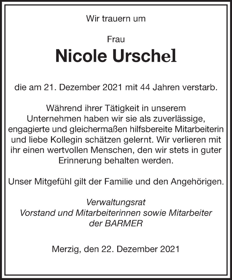  Traueranzeige für Nicole Urschel vom 24.12.2021 aus saarbruecker_zeitung