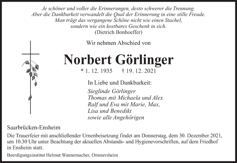  Traueranzeige für Norbert Görlinger vom 24.12.2021 aus saarbruecker_zeitung
