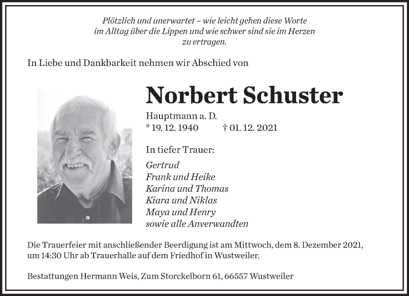  Traueranzeige für Norbert Schuster vom 04.12.2021 aus saarbruecker_zeitung