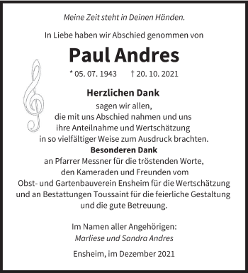 Traueranzeige von Paul Andres von saarbruecker_zeitung