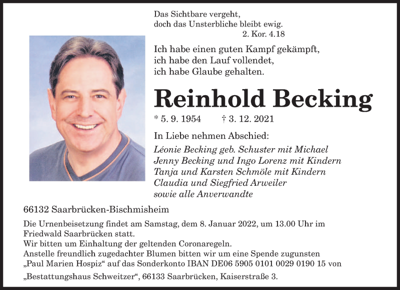  Traueranzeige für Reinhold Becking vom 08.12.2021 aus saarbruecker_zeitung
