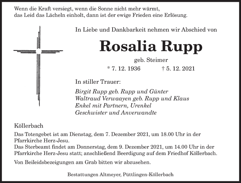  Traueranzeige für Rosalia Rupp vom 07.12.2021 aus saarbruecker_zeitung