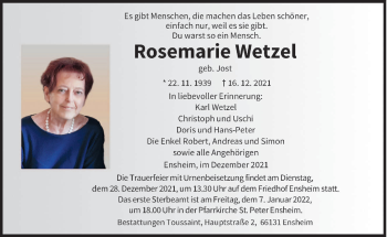 Traueranzeige von Rosemarie Wetzel von saarbruecker_zeitung