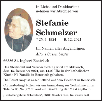 Traueranzeige von Stefanie Schmelzer von saarbruecker_zeitung