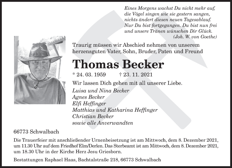  Traueranzeige für Thomas Becker vom 04.12.2021 aus saarbruecker_zeitung