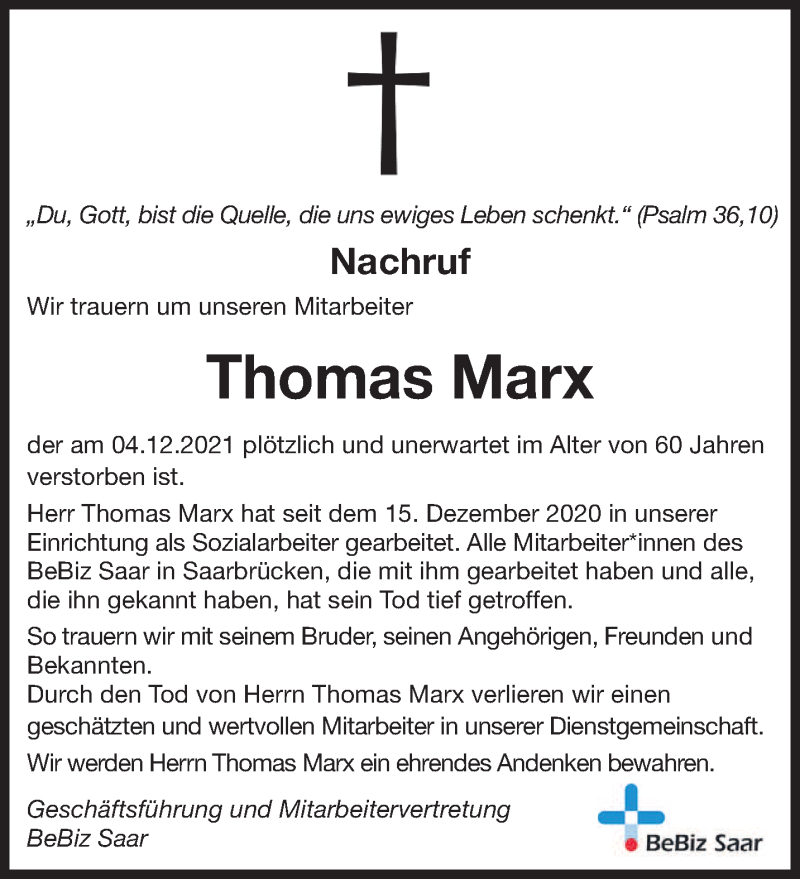  Traueranzeige für Thomas Marx vom 18.12.2021 aus saarbruecker_zeitung
