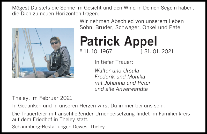  Traueranzeige für Patrick Appel vom 10.02.2021 aus saarbruecker_zeitung