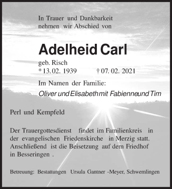 Traueranzeige von Adelheid Carl von saarbruecker_zeitung