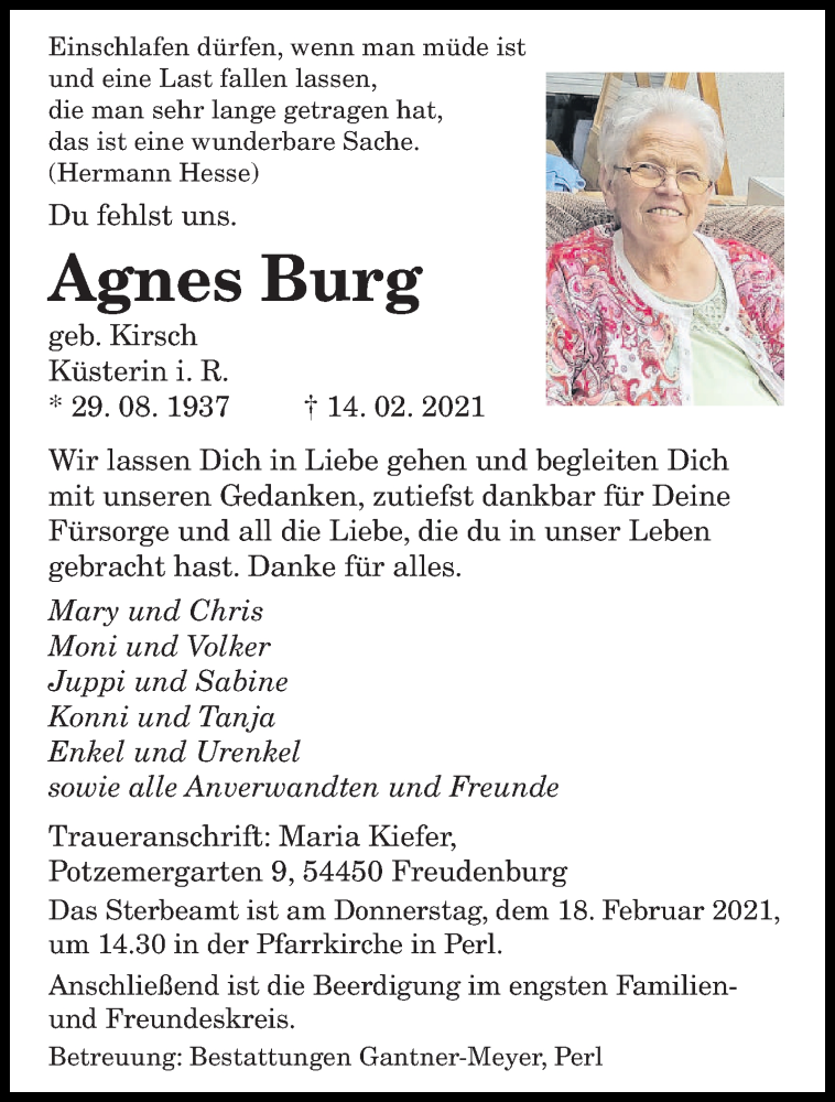  Traueranzeige für Agnes Burg vom 16.02.2021 aus saarbruecker_zeitung