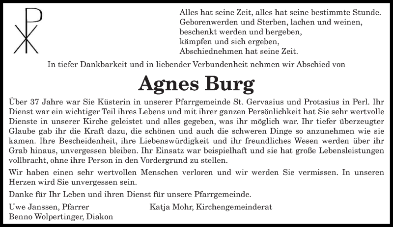  Traueranzeige für Agnes Burg vom 17.02.2021 aus saarbruecker_zeitung