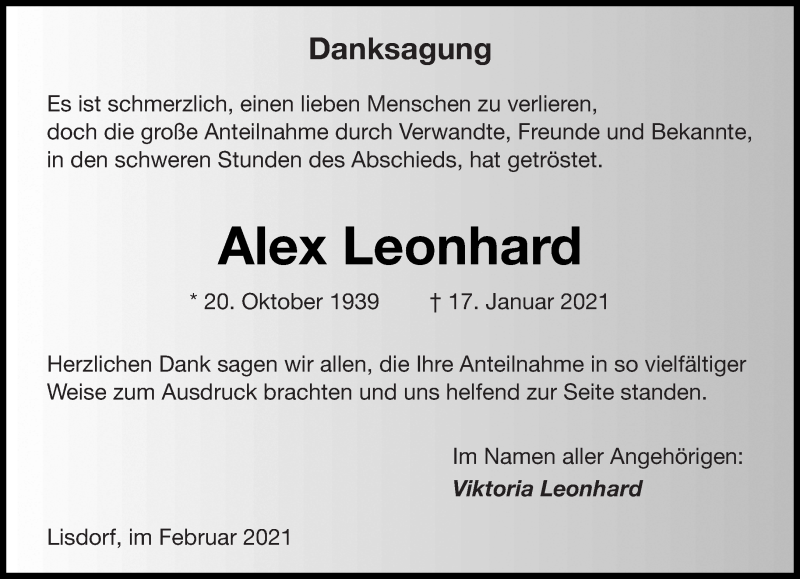  Traueranzeige für Alex Leonhard vom 13.02.2021 aus saarbruecker_zeitung