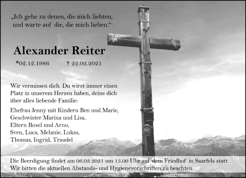  Traueranzeige für Alexander Reiter vom 27.02.2021 aus saarbruecker_zeitung