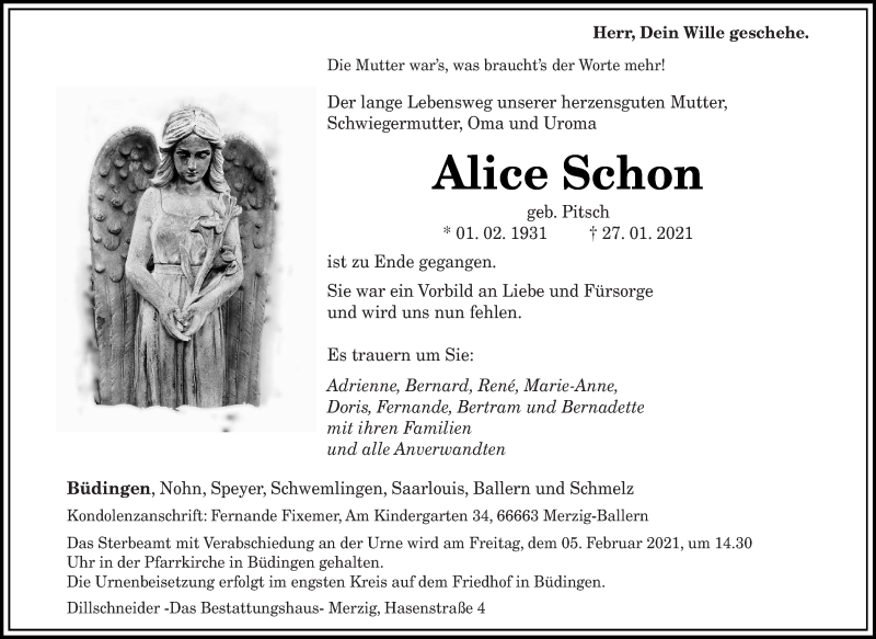  Traueranzeige für Alice Schon vom 02.02.2021 aus saarbruecker_zeitung