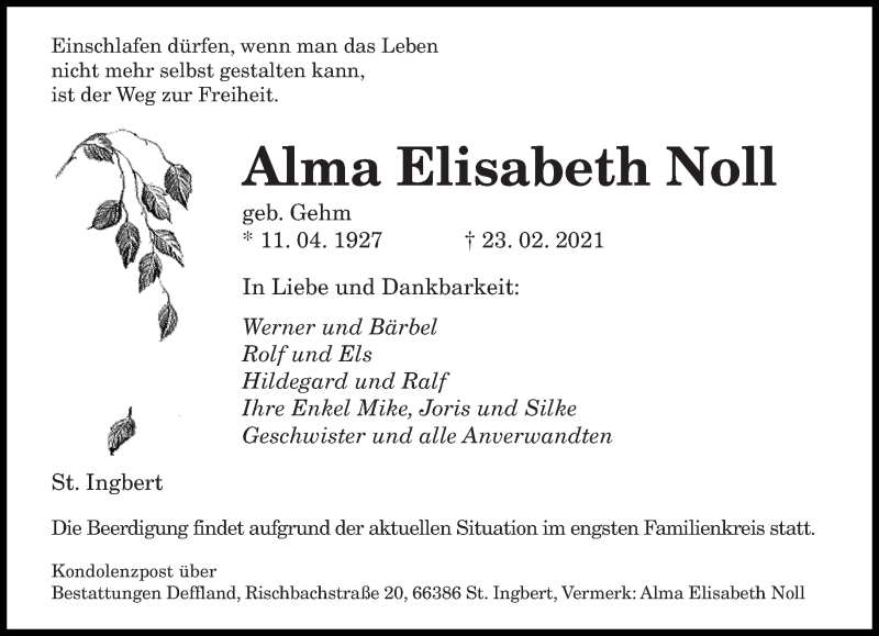  Traueranzeige für Alma Elisabeth Noll vom 27.02.2021 aus saarbruecker_zeitung