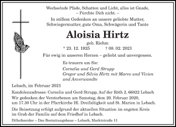 Traueranzeige von Aloisia Hirtz von Saarbrücker Zeitung