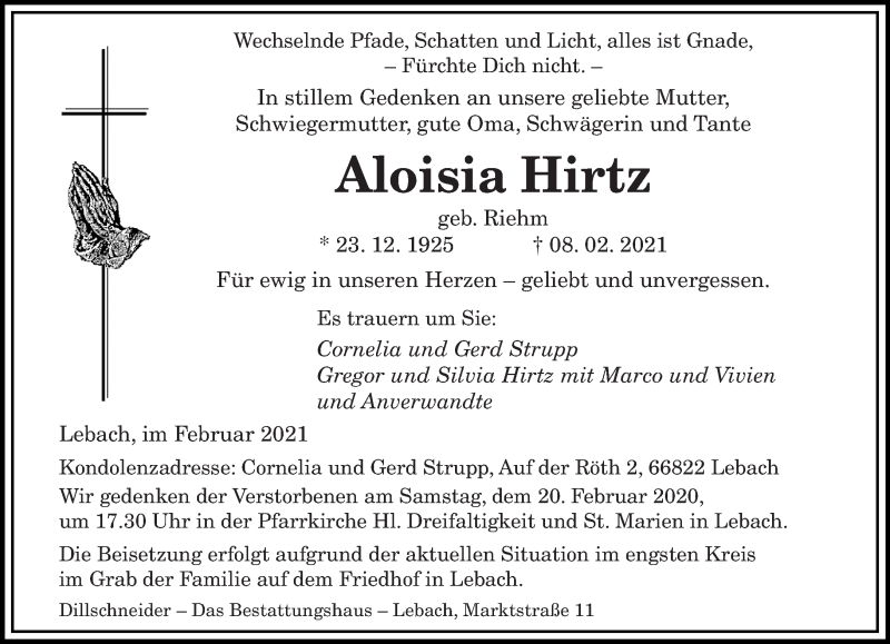  Traueranzeige für Aloisia Hirtz vom 11.02.2021 aus Saarbrücker Zeitung
