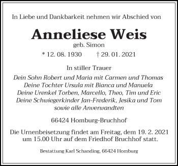 Traueranzeige von Anneliese Weis von saarbruecker_zeitung