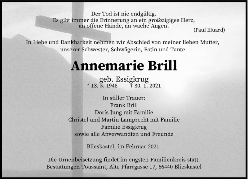  Traueranzeige für Annemarie Brill vom 17.02.2021 aus saarbruecker_zeitung