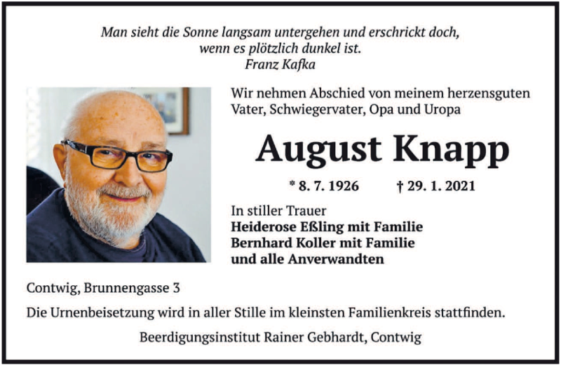  Traueranzeige für August Knapp vom 08.02.2021 aus saarbruecker_zeitung