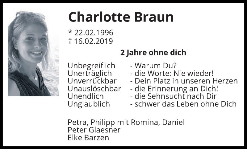  Traueranzeige für Charlotte Braun vom 16.02.2021 aus saarbruecker_zeitung