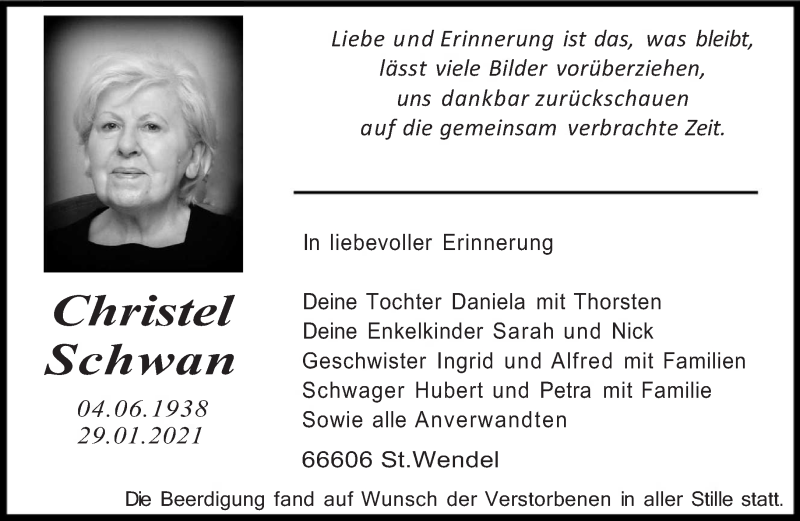  Traueranzeige für Christel Schwan vom 06.02.2021 aus saarbruecker_zeitung