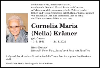 Traueranzeige von Cornelia Maria Krämer von saarbruecker_zeitung