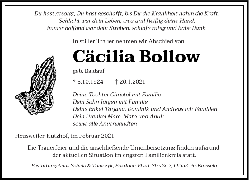  Traueranzeige für Cäcilia Bollow vom 20.02.2021 aus saarbruecker_zeitung