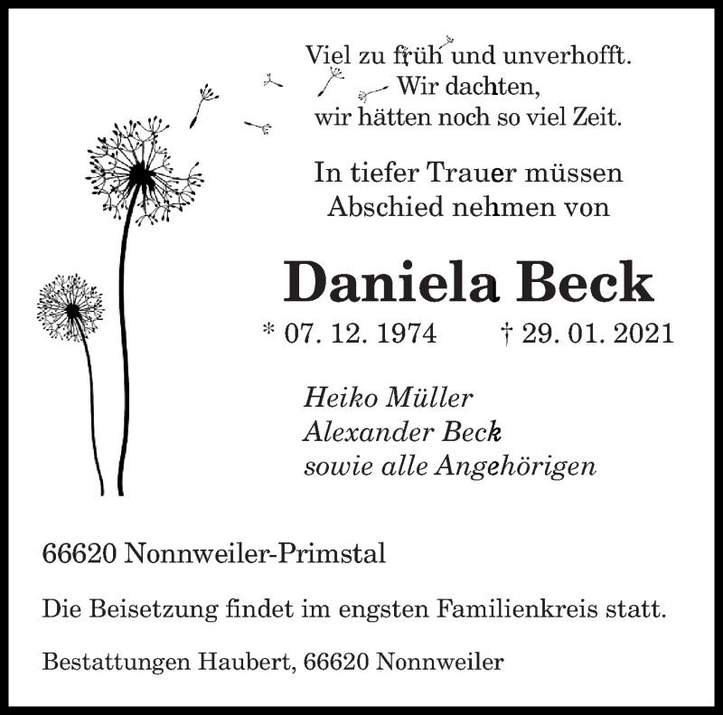  Traueranzeige für Daniela Beck vom 03.02.2021 aus saarbruecker_zeitung