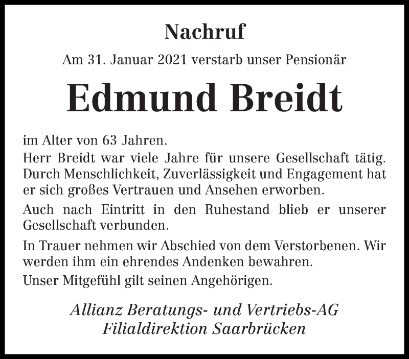  Traueranzeige für Edmund Breidt vom 05.02.2021 aus saarbruecker_zeitung