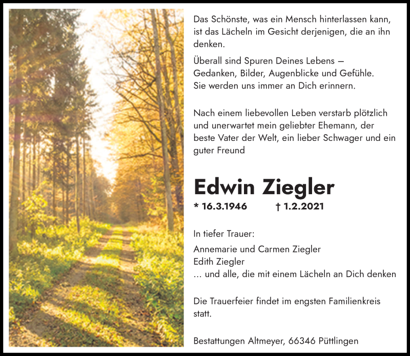  Traueranzeige für Edwin Ziegler vom 06.02.2021 aus saarbruecker_zeitung