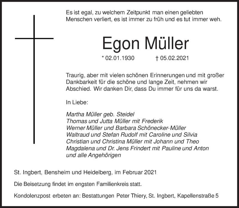  Traueranzeige für Egon Müller vom 10.02.2021 aus saarbruecker_zeitung