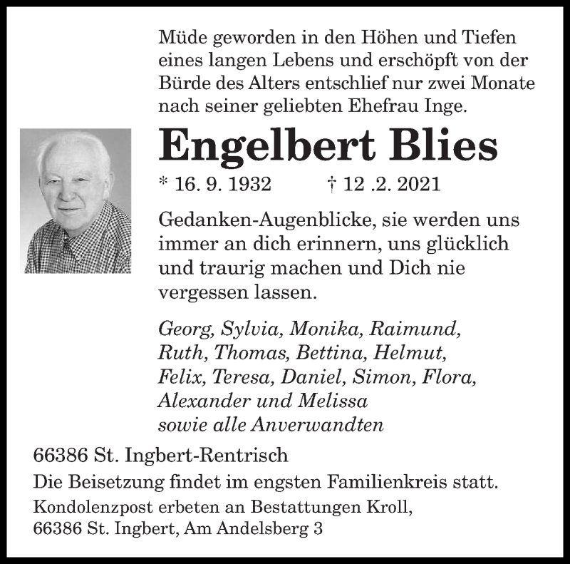  Traueranzeige für Engelbert Blies vom 22.02.2021 aus saarbruecker_zeitung