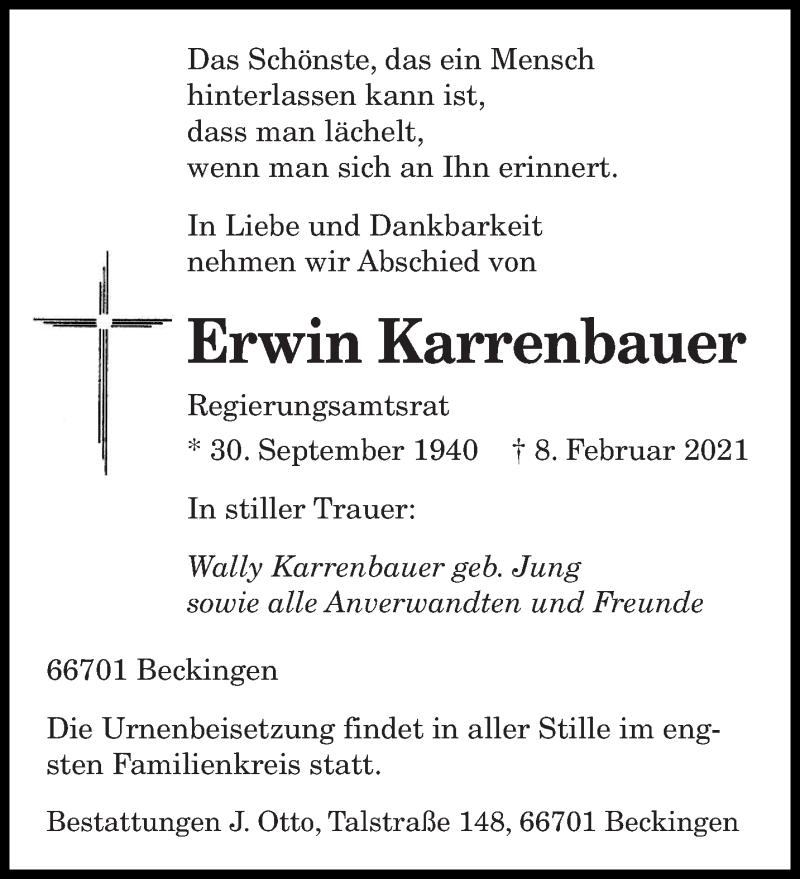  Traueranzeige für Erwin Karrenbauer vom 13.02.2021 aus saarbruecker_zeitung