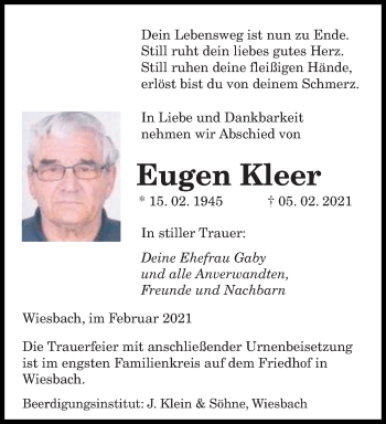 Traueranzeige von Eugen Kleer von saarbruecker_zeitung