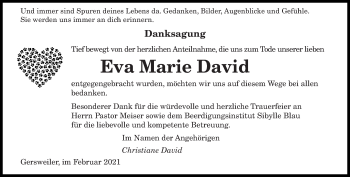 Traueranzeige von Eva Marie David von saarbruecker_zeitung