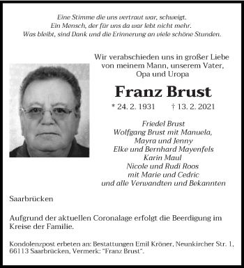 Traueranzeige von Franz Brust von saarbruecker_zeitung