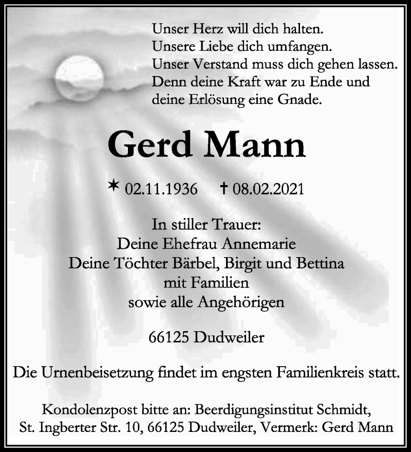 Traueranzeige für Gerd Mann vom 13.02.2021 aus saarbruecker_zeitung