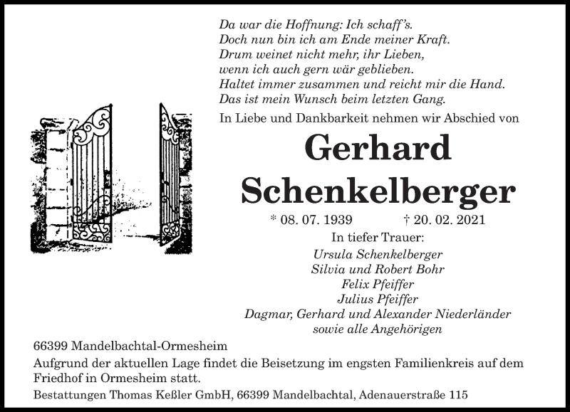  Traueranzeige für Gerhard Schenkelberger vom 24.02.2021 aus saarbruecker_zeitung