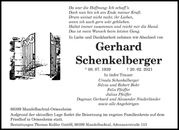 Traueranzeige von Gerhard Schenkelberger von saarbruecker_zeitung