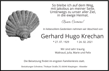 Traueranzeige von Gerhard Hugo Krechan von saarbruecker_zeitung