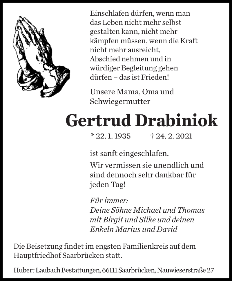  Traueranzeige für Gertrud Drabiniok vom 27.02.2021 aus saarbruecker_zeitung